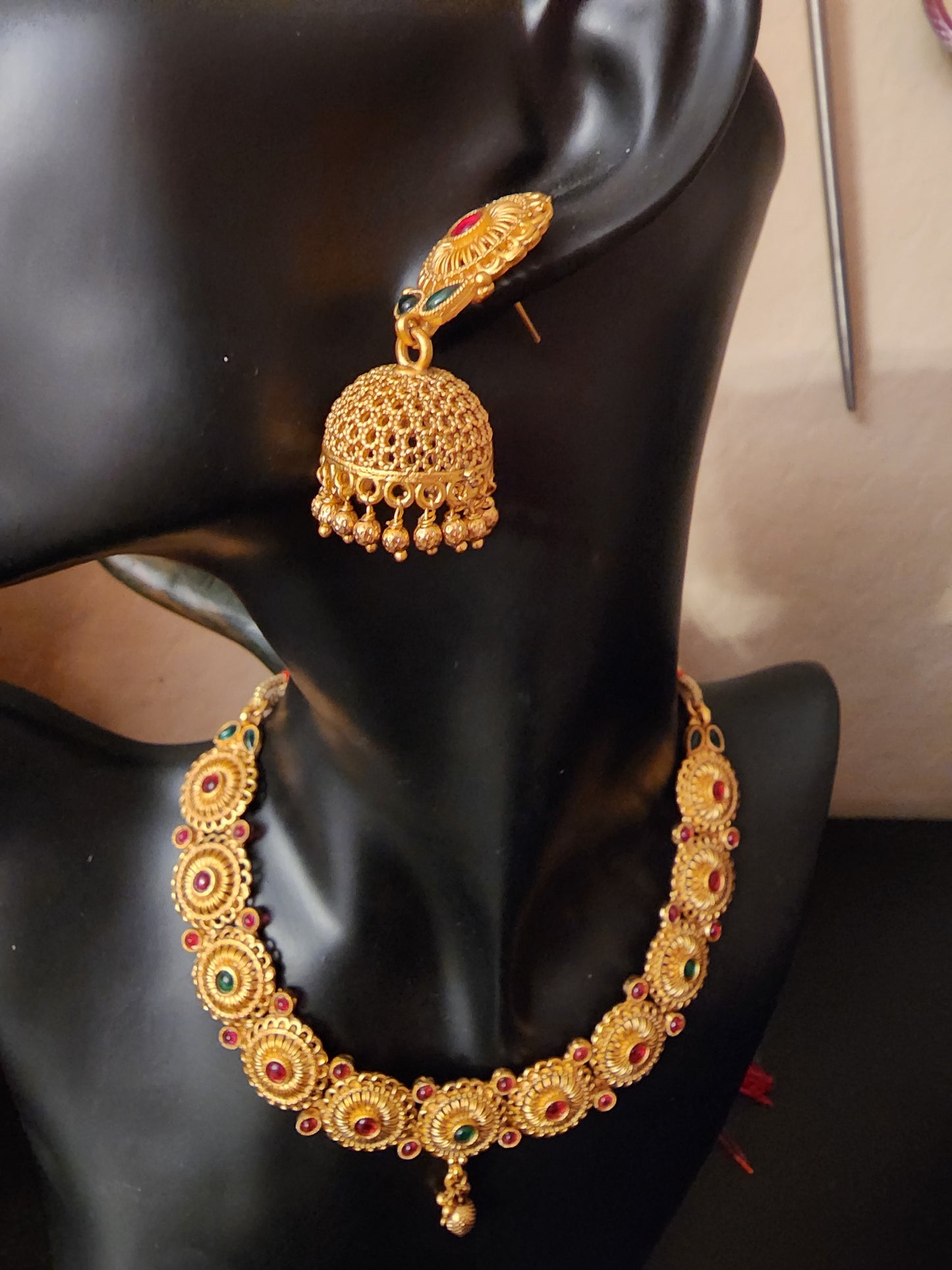 Trishara Temple Kemp Stone Necklace and Jhumka