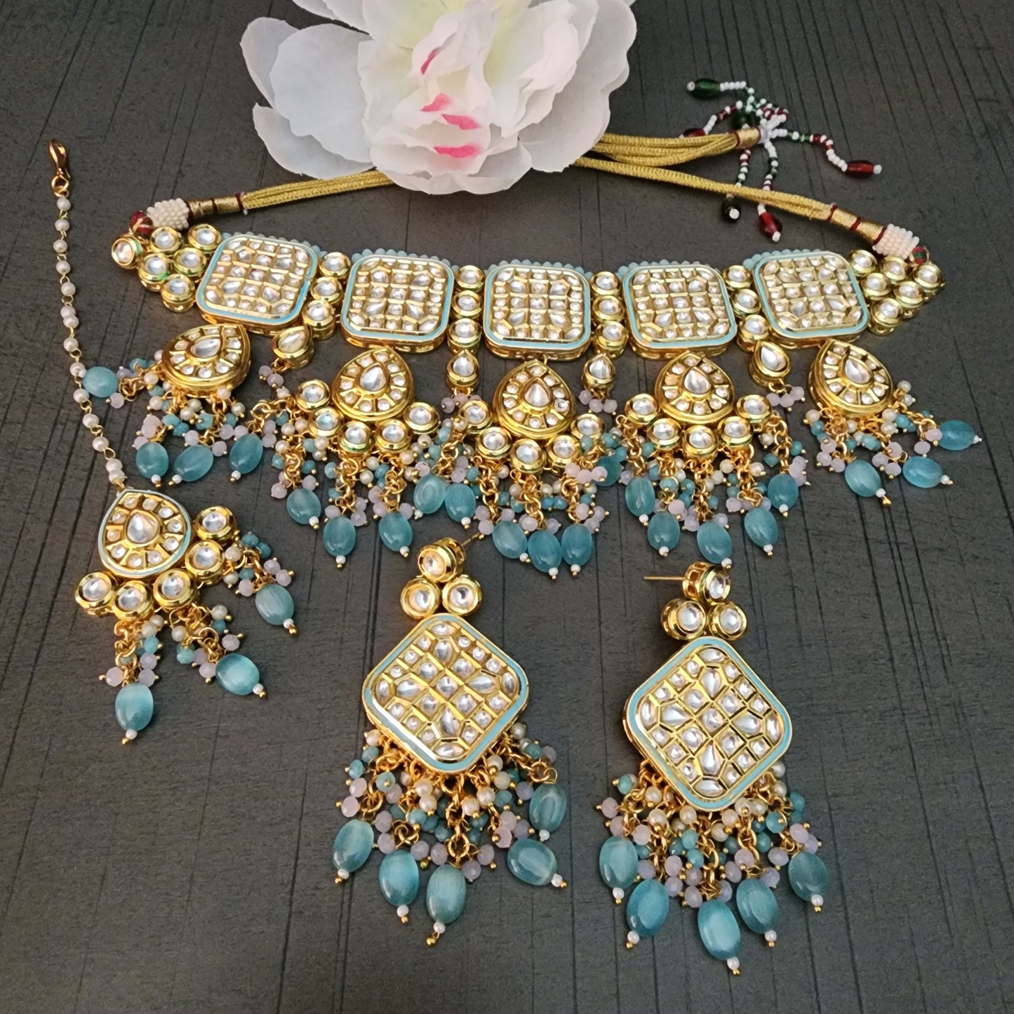 Premium Kundan Necklace, Earrings, and Mangtika