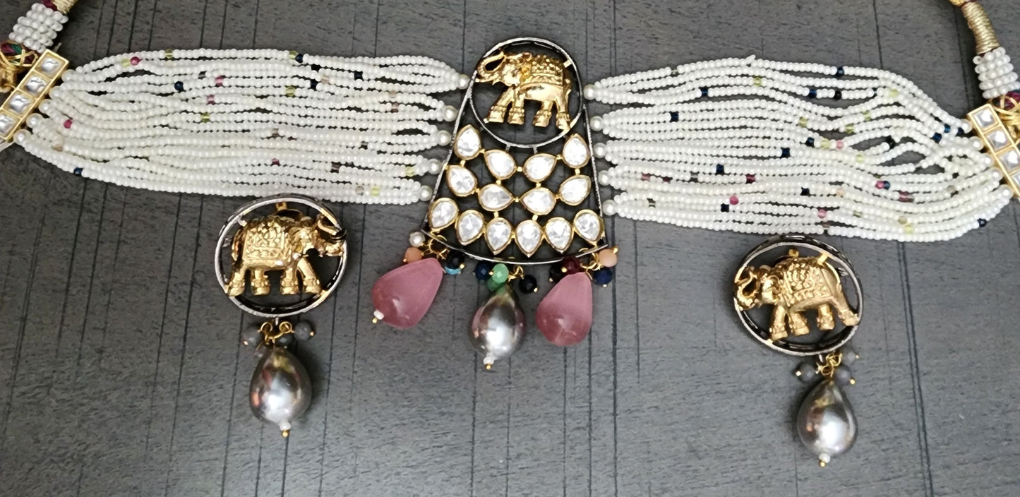 Nihia Polki  Diamond and Pearl fusion Necklace and Earrings