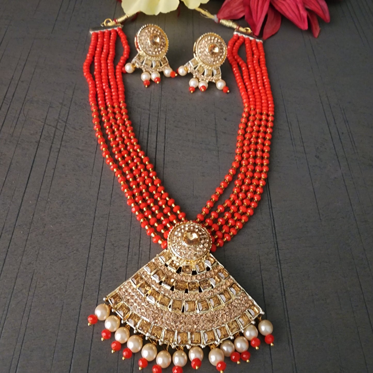 Beaded Gold Plated Mala and Earrings