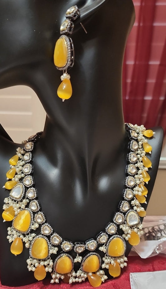 Mosonite with AD Monalisa Beads Hanging Necklace and Earrings Set